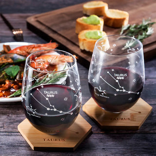 Set Of 2 Zodiac Sign Wine Glasses With 2 Wooden Coasters By Astrology Drinking Glass