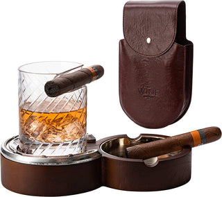 Horseshoe Cigar Coaster Ashtray With A Crystal Whiskey Cigar Glass In A Leather Case