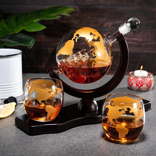 Gold Etched Whiskey Decanter Set Globe With 2 Gold Etched Globe Whisky Glasses Perfect For A Birthda