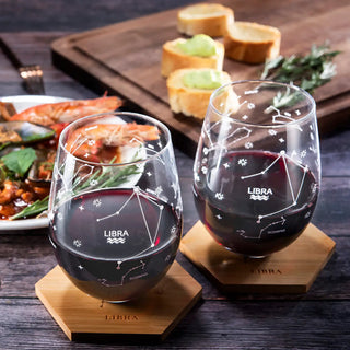 Set Of 2 Zodiac Sign Wine Glasses With 2 Wooden Coasters By Astrology Drinking Glass
