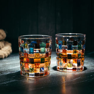 Artisanal Hand Painted Stained Glass Window Whiskey Tumblers 10OZ Set Of 2 By Renais