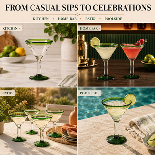 Hand Blown Green Detailed Margarita Glasses Set Of 4 By Luxury Mexican Glassware Thi