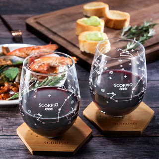 Set Of 2 Zodiac Sign Wine Glasses With 2 Wooden Coasters By Astrology Drinking Glass