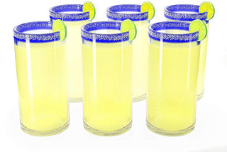 Hand Blown Mexican Drinking Glasses And Pitcher Set Of 6 Glasses With Cobalt Blue Rims 14 Oz Each An