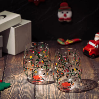 Stemless Christmas Lights Wine Glass Tumblers Glasses Set Of 2 Hand Painted Wine Ornament Light Bulb