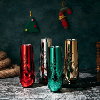 Etched Multicolor Christmas Champagne Flutes Glasses Set Of 4 Red Green Yellow Silver Perfect For Ch