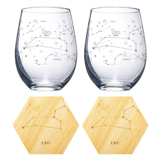 Set Of 2 Zodiac Sign Wine Glasses With 2 Wooden Coasters By Astrology Drinking Glass