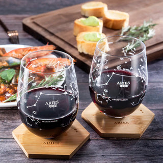 Set Of 2 Zodiac Sign Wine Glasses With 2 Wooden Coasters By Astrology Drinking Glass