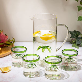 Palm Tree Pitcher Mexican Glassware Set With 4 Green Rim Palm Tree Glasses 9OZ By El
