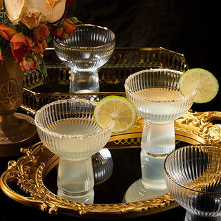 Ribbed Stemless Margarita Glasses With Gold Rim Set Of 4 Hand Blown Luxury Coupe Cocktail Martini Ch