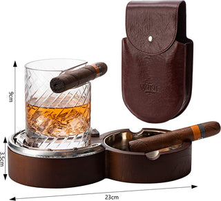 Horseshoe Cigar Coaster Ashtray With A Crystal Whiskey Cigar Glass In A Leather Case