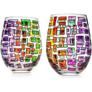 Italian Multicolor Renaissance Stained Glass Rainbow Stemless Wine Glasses Set Of 2 By The Wine Sava