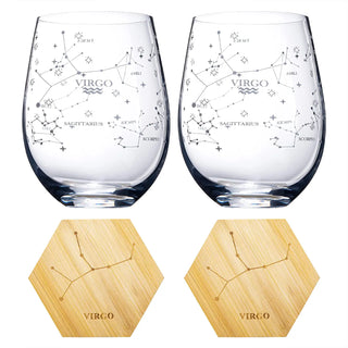 Set Of 2 Zodiac Sign Wine Glasses With 2 Wooden Coasters By Astrology Drinking Glass
