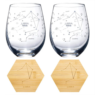 Set Of 2 Zodiac Sign Wine Glasses With 2 Wooden Coasters By Astrology Drinking Glass