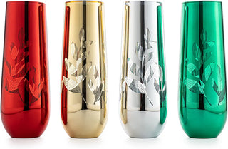 Etched Multicolor Christmas Champagne Flutes Glasses Set Of 4 Red Green Yellow Silver Perfect For Ch