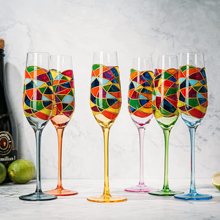 Stained Glass Champagne Flutes Set Of 6 Hand Painted Mouth Blown 7 Ounce Colorful Re