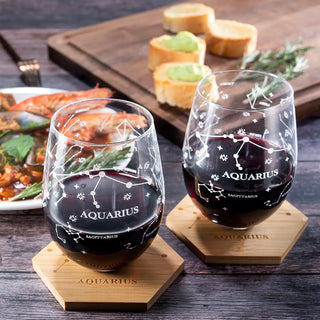Set Of 2 Zodiac Sign Wine Glasses With 2 Wooden Coasters By Astrology Drinking Glass