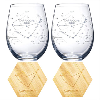 Set Of 2 Zodiac Sign Wine Glasses With 2 Wooden Coasters By Astrology Drinking Glass