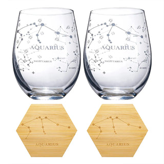 Set Of 2 Zodiac Sign Wine Glasses With 2 Wooden Coasters By Astrology Drinking Glass