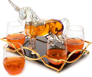 Iridescent Unicorn Wine Whiskey Decanter Set 750ML With 4 Pink Sparkle Glasses For Wine Whiskey Scot