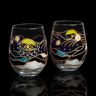 Artisanal Hand Painted Stemless Van Gogh Set Of 2 Wine Glasses 2 Set Of Tumblers Art