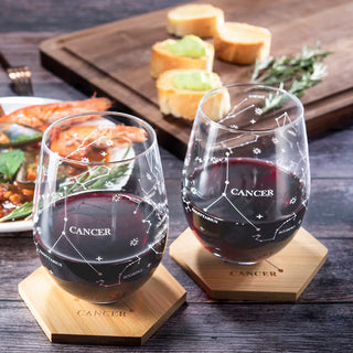 Set Of 2 Zodiac Sign Wine Glasses With 2 Wooden Coasters By Astrology Drinking Glass
