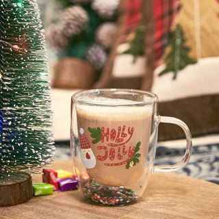 Set Of 2 Holly Jolly Christmas Design Tumbler Mugs Confetti Filled 9 5 Oz Decorated Christmas Glass