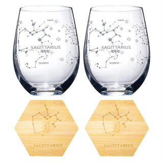 Set Of 2 Zodiac Sign Wine Glasses With 2 Wooden Coasters By Astrology Drinking Glass