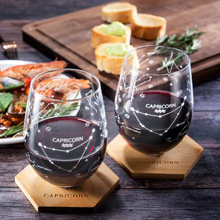 Set Of 2 Zodiac Sign Wine Glasses With 2 Wooden Coasters By Astrology Drinking Glass