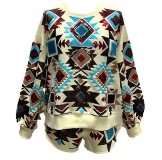 Queen of Sparkles - Beige Big Aztec Print Sweatshirt