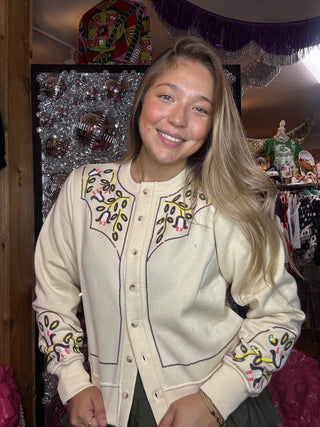 Beige Sweatshirt Cardigan With Sequin Western Yoke Southern Grace