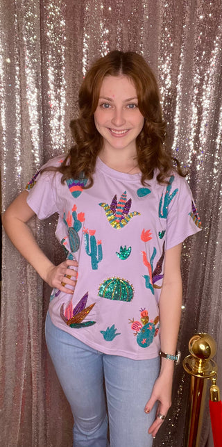 Queen Of Sparkles-Lavender Scattered Cactus Tee