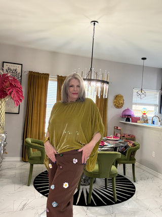 QOS Brown Multi Sequin Flower Barrel Jeans
