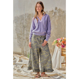 CAMOUFLAGE DENIM RUFFLED HEM MID RISE BLOOMER PANTS