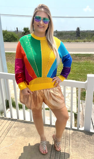 Queen of Sparkles-Rainbow Sunshine Rhinestone Sweater