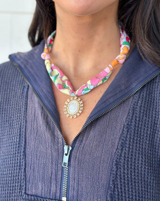 Scarf Necklace - Pink and Orange Floral with Mary Pendant