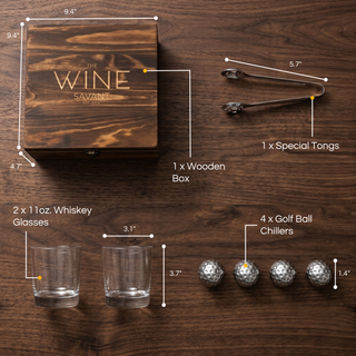 Luxurious Bar Gift Set Golf Whiskey Glasses Golf Ball Chillers Tongs Set In Premium Wood Box By The