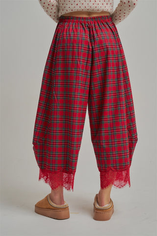 Tartan Tidings Lace Barrel Pants - Red