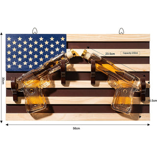 Pistol Whiskey Decanter Set Of 2 300ML On American Flag Wall Rack By Tik Tok Gun Dec