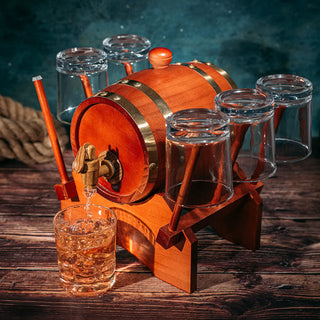 Barrel Decanter With 6 Whiskey Glasses By 1000 Ml Mahogany Wood Old Fashioned Classi