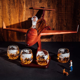 Jet Decanter Airplane Whiskey 1000ML Set With 2 World Map Glasses 12 Oz By Pilot Gif