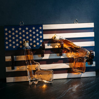 Pistol Whiskey Decanter Set Of 2 300ML On American Flag Wall Rack By Tik Tok Gun Dec