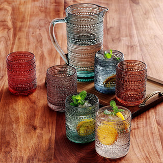 Hobnail Beaded Pitcher Tumbler Glasses Set Set Of 6 Glasses Carafe