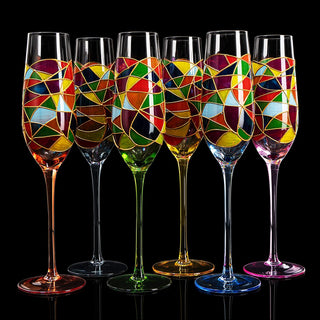 Stained Glass Champagne Flutes Set Of 6 Hand Painted Mouth Blown 7 Ounce Colorful Re