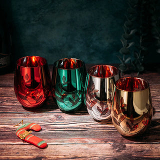 Etched Multicolor Christmas Wine Glass Tumblers Glasses Set Of 4 Red Green Yellow Silver Perfect For