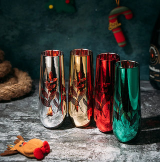 Etched Multicolor Christmas Champagne Flutes Glasses Set Of 4 Red Green Yellow Silver Perfect For Ch