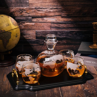 Etched World Map Globe Whiskey Decanter Set 750ML With 4 10OZ Map Glasses 13 H X 13 L By The Wine Sa