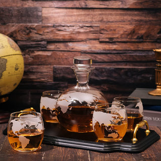 Etched World Map Globe Whiskey Decanter Set 750ML With 4 10OZ Map Glasses 13 H X 13 L By The Wine Sa