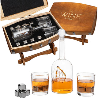 Large Display Whiskey Wine Decanter With Antique Ship Handcrafted Wood Barrel Storage De