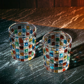 Artisanal Hand Painted Stained Glass Window Whiskey Tumblers 10OZ Set Of 2 By Renais